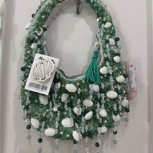 Beaded Seashell Handbag with Green Tassel
